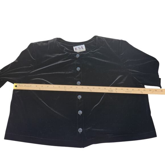 Vintage Velour Cardigan Womens Medium Small Black Long Sleeve Shiny Button Up - Picture 10 of 12